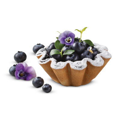 Blueberry tart with powdered sugar, topped with fresh blueberries, green leaves, and purple edible flowers, with a few berries beside it.